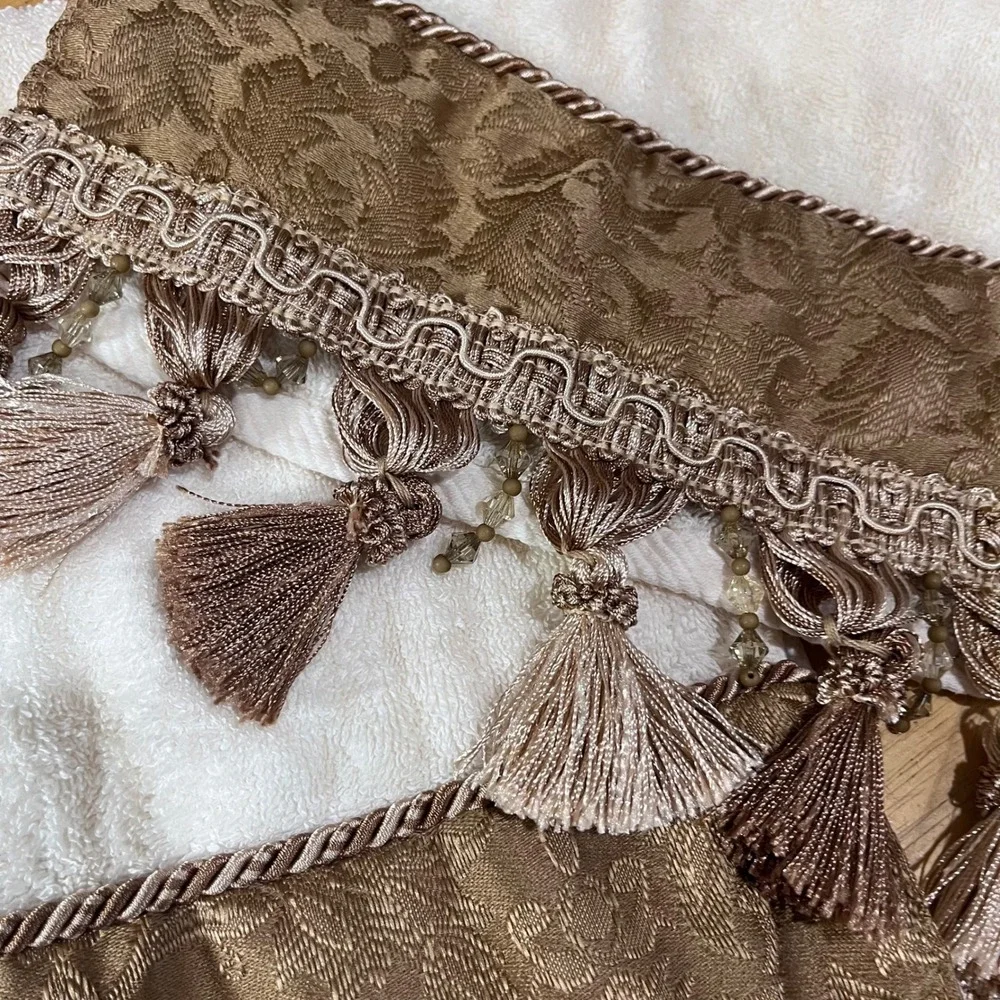 Vtg Victorian Ornate Damask Hand Towels Set 2 Bronze Gold Tassel Beaded 28x14
